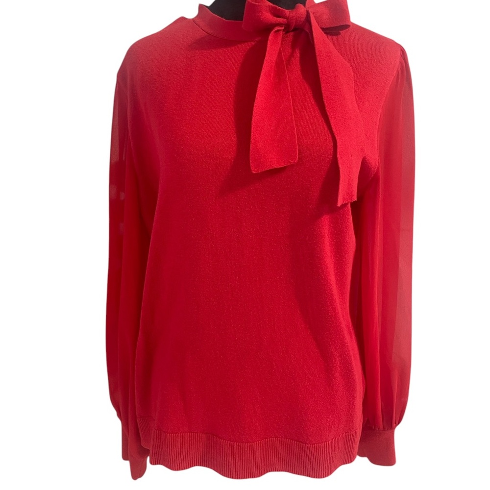 Cece’s Bow Neck Blouson Sleeve Cotton Blend Red Sweater,Large - Picture 9 of 9